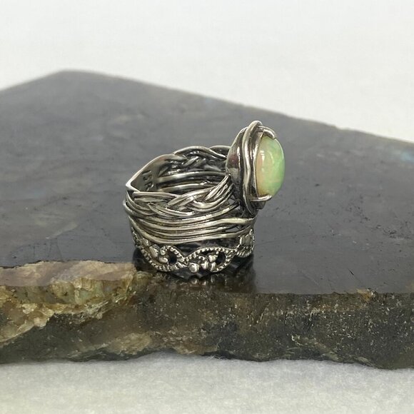 Sterling Silver 925 PZ Modernist Israel Opal Teardrop Wide Band Ring Sz 5.75 - Picture 12 of 16